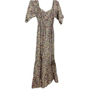 Miss Look dress Smocked Bodice Tiered Maxi Floral SS Ties Cotton Sz L Milkmaid